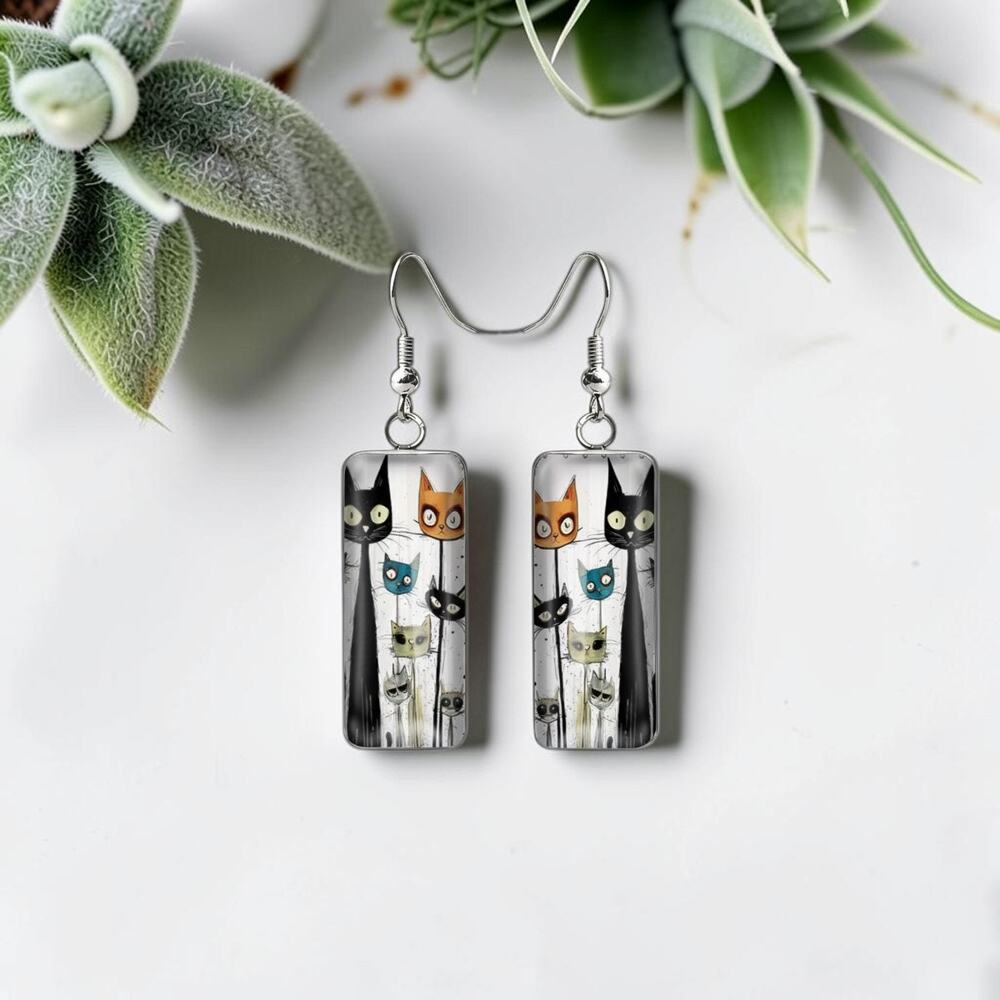 Boho Whimsical Folk Art Kitten Doodle Rectangle Dangle Earrings Quirky Cat Gift